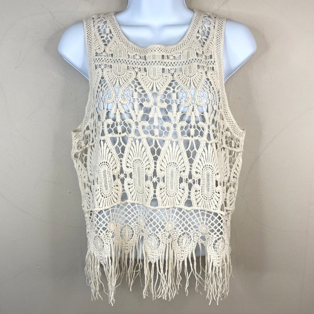 Womens Boho‎ Festival Crochet Top Large Beige Coachella Western Cowgirl Indie
